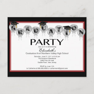 Balloon Graduation Party Invitation Black Grad Cap Postcard