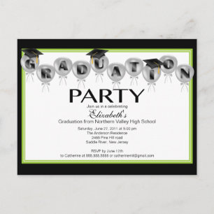 Balloon Graduation Party Invitation Black Grad Cap Postcard