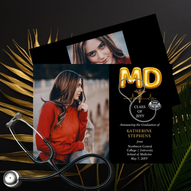 Balloon Letters MD Caduceus Stethoscope Graduation Announcement (Balloon Letters "MD" Caduceus Stethoscope Doctor | Physician Graduation Announcement Print | Digital)