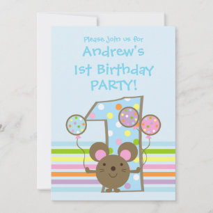 Balloon Mouse Blue 1st Birthday Party Invitation