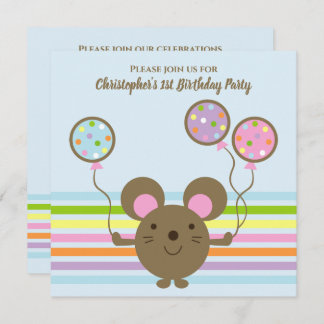 Balloon Mouse Blue 1st Birthday Party Invitation
