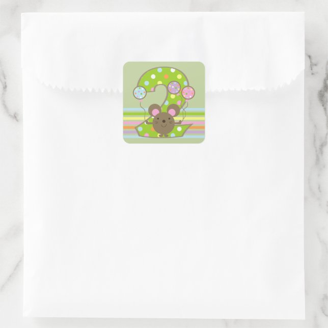 Balloon Mouse Green 2nd Birthday Square Stickers (Bag)