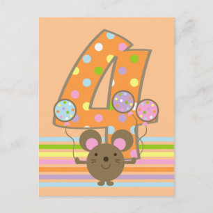 Balloon Mouse Orange 4th Birthday Postcard