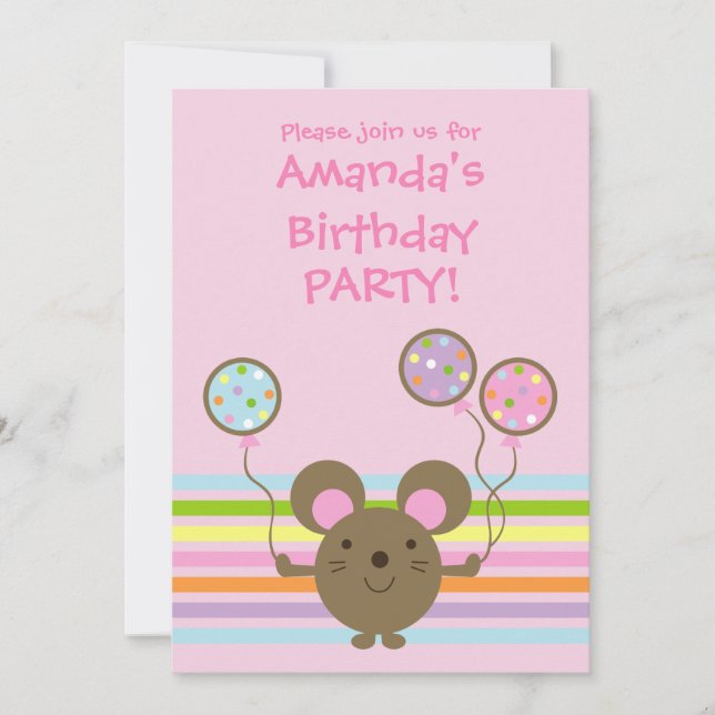 Balloon Mouse Pink Birthday Party Invitation (Front)
