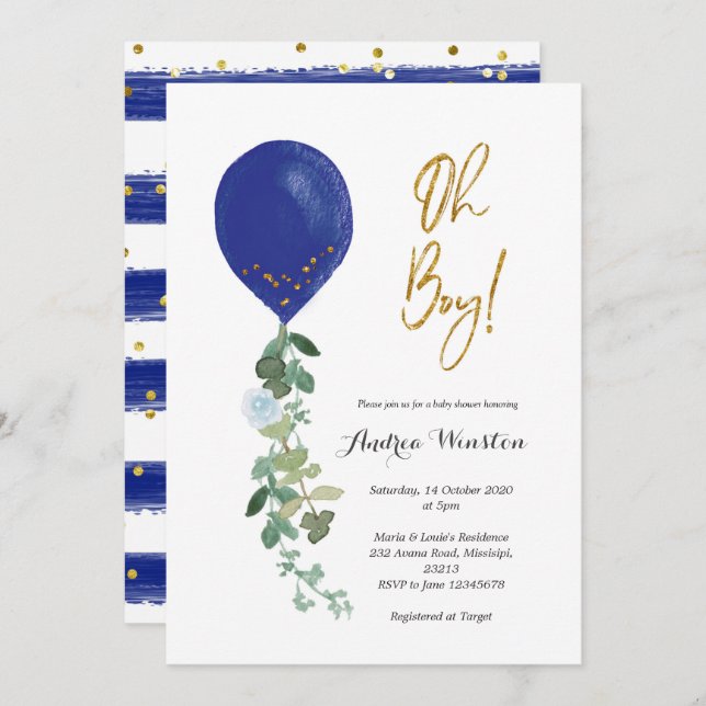 Balloon Oh Boy Baby Shower Invitation (Front/Back)
