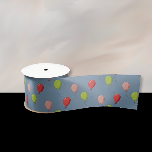 Balloon Pattern Blue Ribbon Satin Ribbon (Festive blue ribbon with a balloon pattern . )