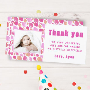 Balloon Pink Girl Kid's Photo Birthday  Thank You Card