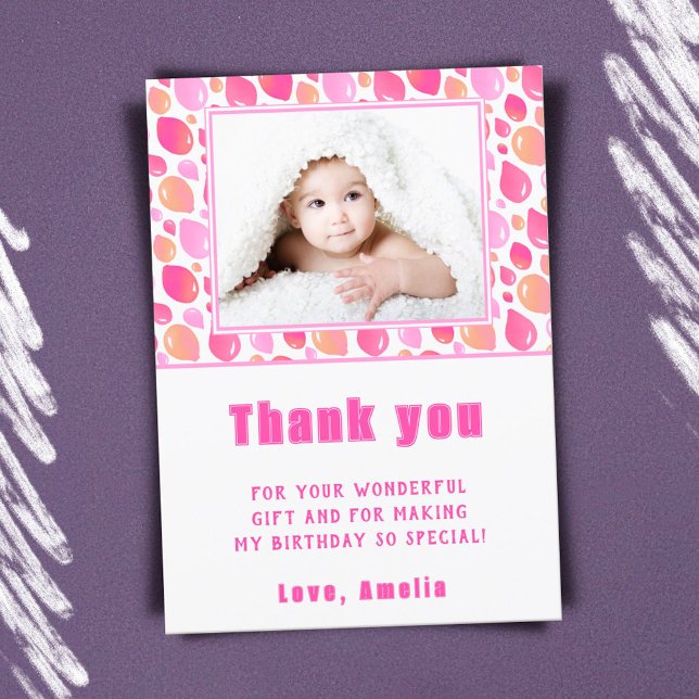 Balloon Pink Girl Kid's Photo Birthday  Thank You Card (Creator Uploaded)