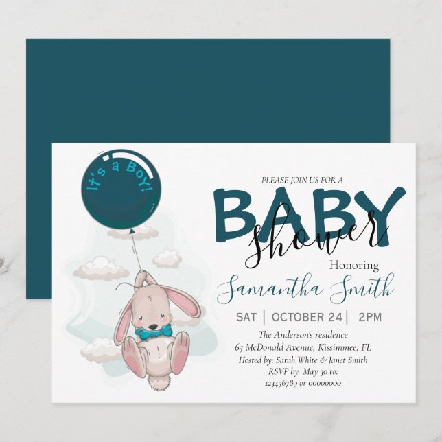 Balloon Rabbit Boy  Baby Shower  Announcement (Front/Back)