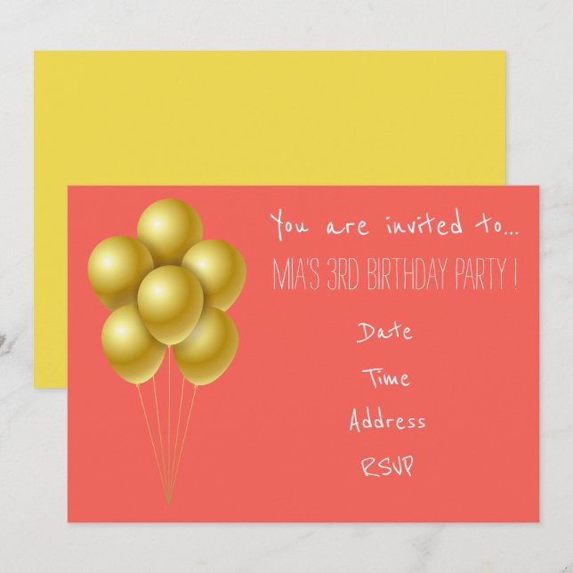 Balloon  toddler young girl birthday party invitation (Front/Back)