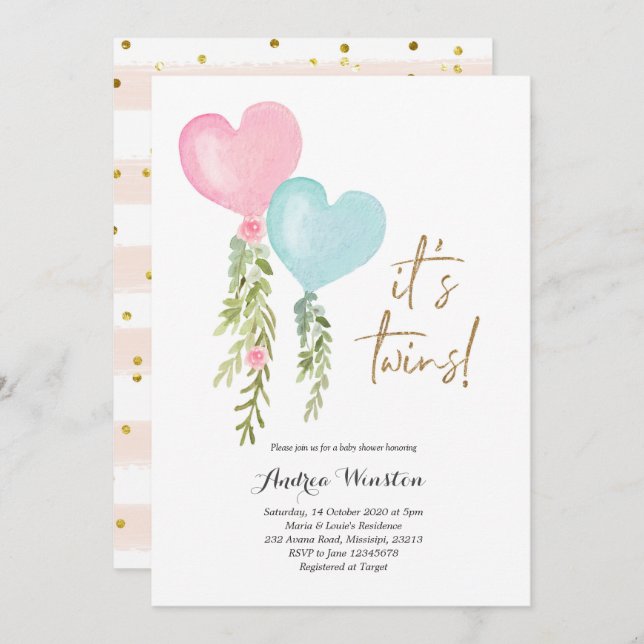 Balloon Twin Boy Girl Baby Shower Invitation (Front/Back)