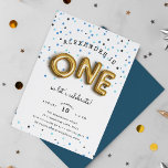 Balloon Type | First Birthday Party Invitation<br><div class="desc">Adorable party invitation's for your little one's first birthday feature "ONE" spelled out in gold balloons,  on a background of blue confetti. Personalise with your first birthday party details in a combo of whimsical and modern lettering. Invitations reverse to solid marine blue.</div>