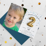 Balloon Type | Photo Second Birthday Party Invite<br><div class="desc">Adorable party invitation's for your little one's second birthday party feature a gold "2" balloon on a background of blue confetti dots. Personalise with your two year old's birthday party details in black lettering, and add a favourite photo of the birthday boy on the left side. Cards reverse to solid...</div>