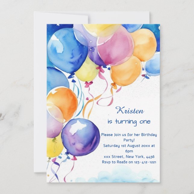 Balloon Watercolor Birthday Invitation (Front)