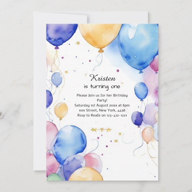 Balloon Watercolor Birthday Invitation (Front)