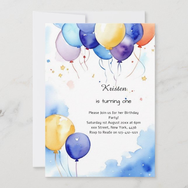 Balloon Watercolor Birthday Invitation (Front)