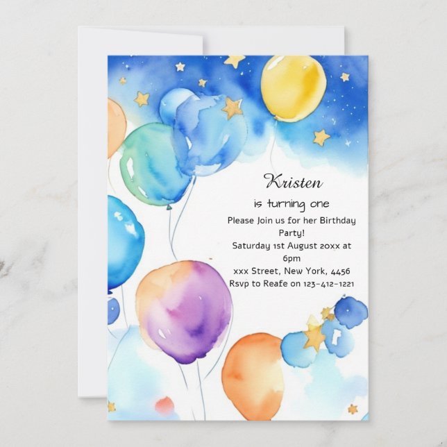 Balloon Watercolor Birthday Invitation (Front)