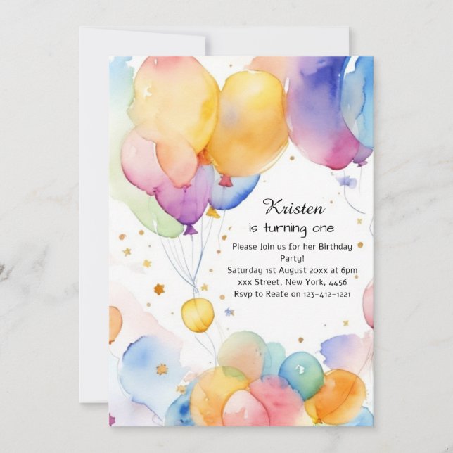 Balloon Watercolor Birthday Invitation (Front)