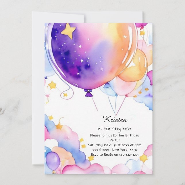 Balloon Watercolor Birthday Invitation (Front)