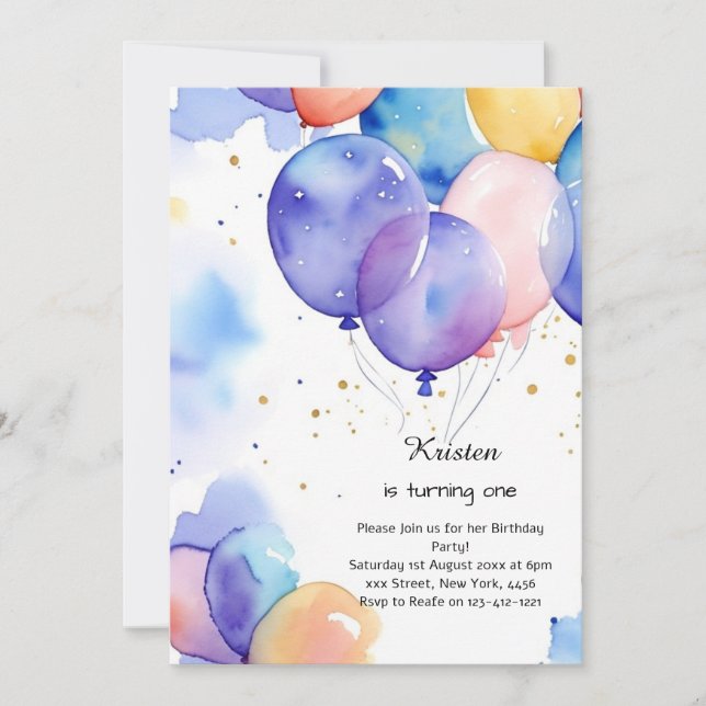 Balloon Watercolor Birthday Invitation (Front)