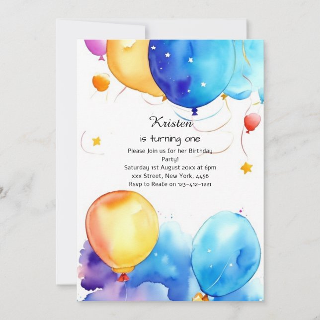 Balloon Watercolor Birthday Invitation (Front)