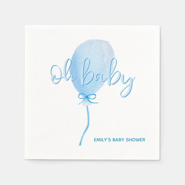 Balloon Watercolor Blue Oh Baby Boy Baby Shower Napkin (Front)