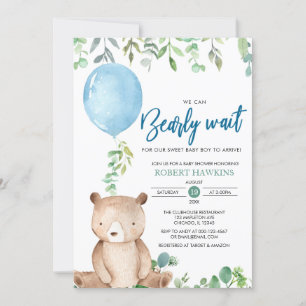 Balloon We Can Bearly Wait Teddy Bear Baby Shower Invitation