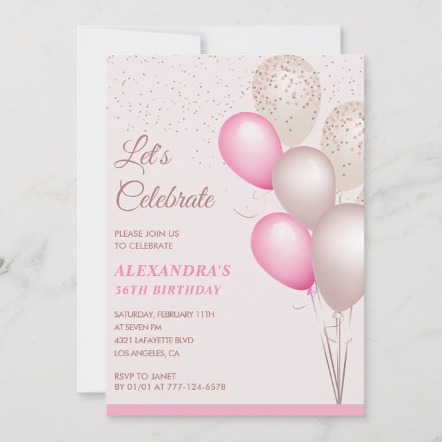 Balloons 36th birthday invitations Pink Confetti (Front)