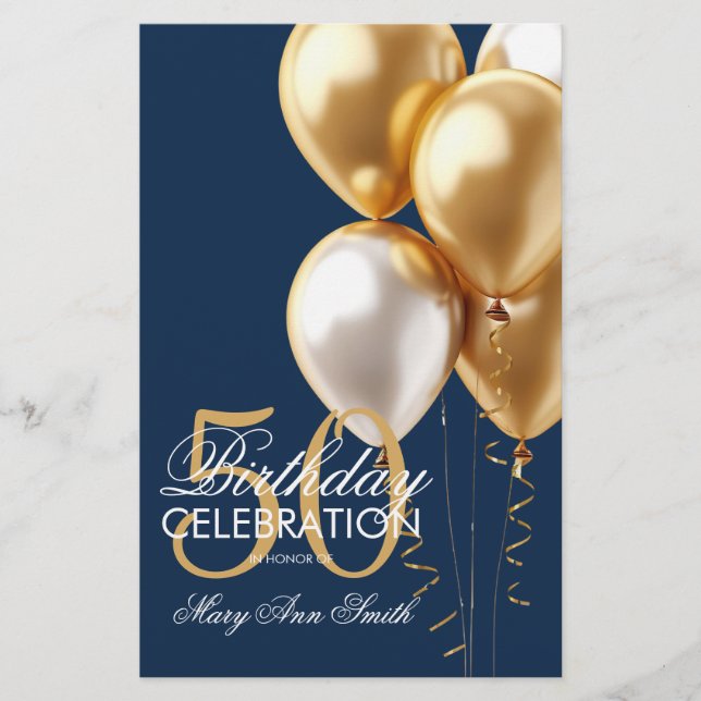 Balloons 50th Birthday Gold & Navy Menu (Front)
