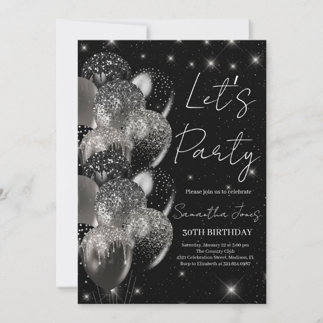 Balloons birthday black silver glitter invitation (Front)