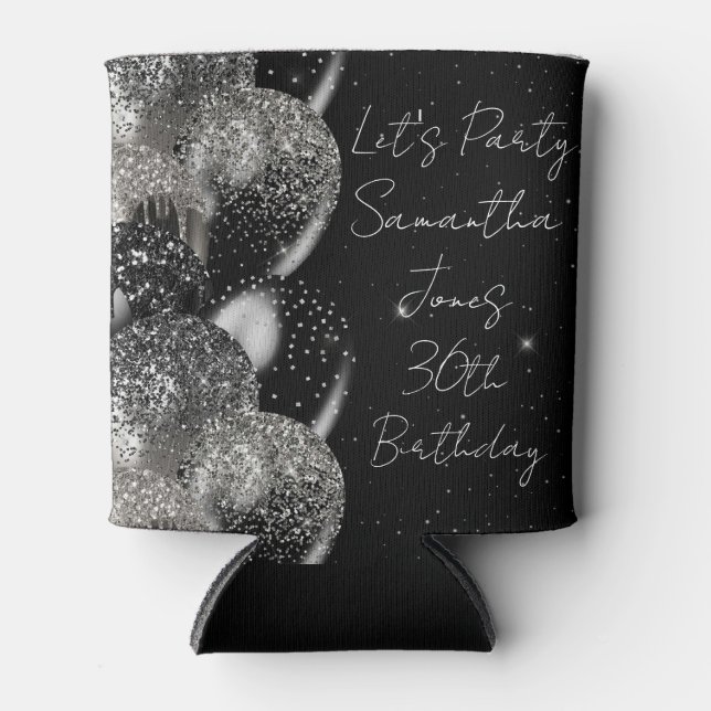 Balloons Birthday Black Silver Glitter Party Can Cooler (Front)