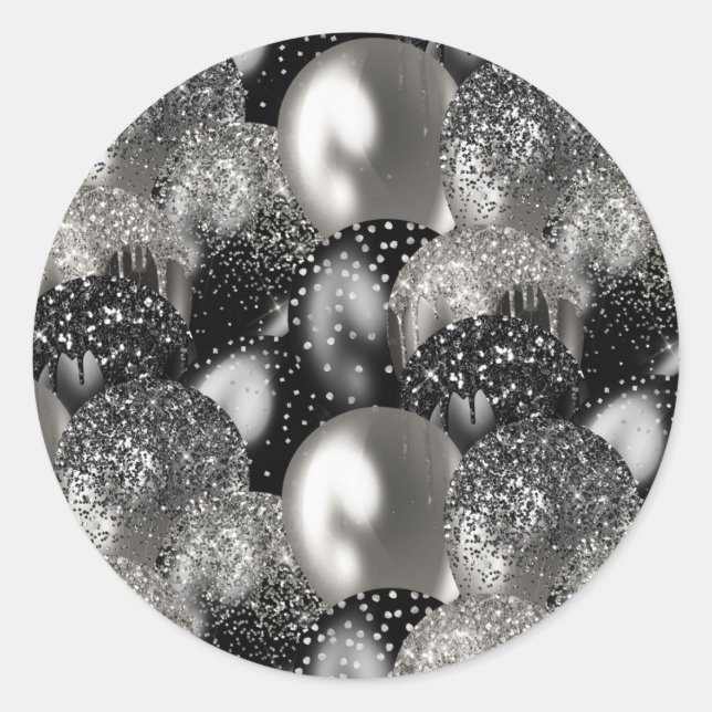Balloons Birthday Black Silver Glitter Party Classic Round Sticker (Front)