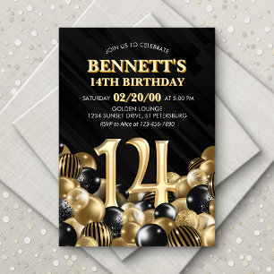 Balloons Black Gold 14th Birthday Invitation