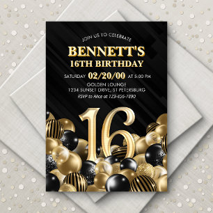 Balloons Black Gold 16th Birthday Invitation
