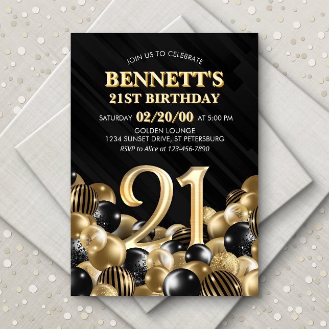 Balloons Black Gold 21st Birthday Invitation (Creator Uploaded)