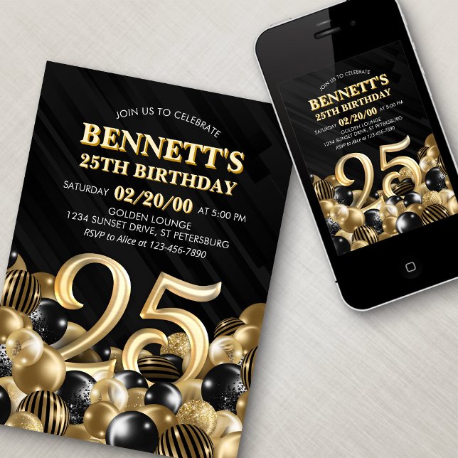 Balloons Black Gold 25th Birthday Invitation (Creator Uploaded)