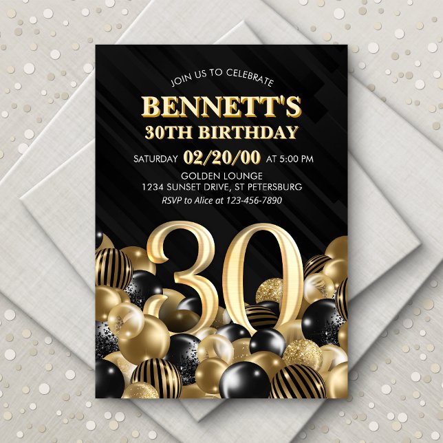 Balloons Black Gold 30th Birthday Invitation (Creator Uploaded)