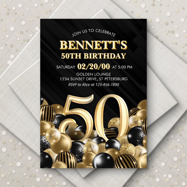 Balloons Black Gold 50th Birthday Invitation (Creator Uploaded)