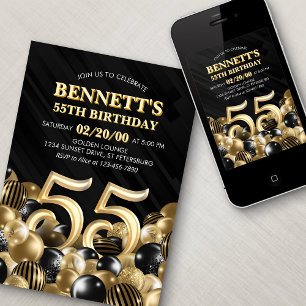 Balloons Black Gold 55th Birthday Invitation