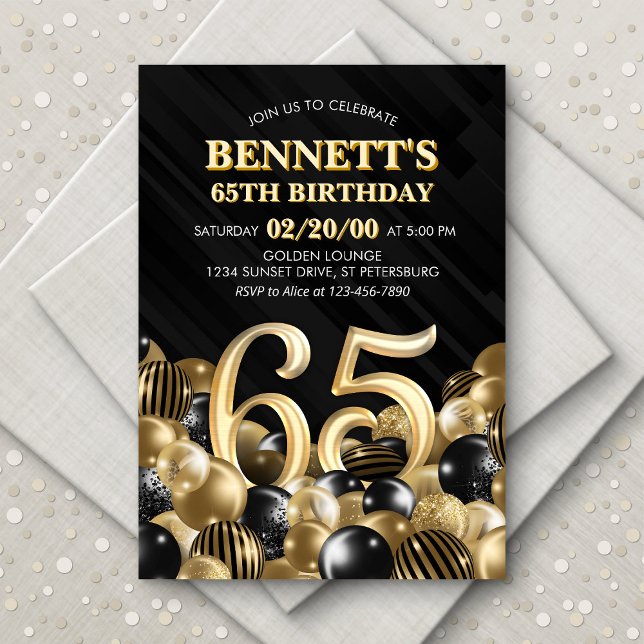 Balloons Black Gold 65th Birthday Invitation (Creator Uploaded)