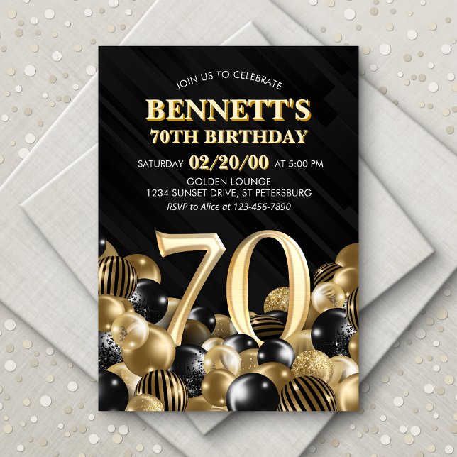 Balloons Black Gold 70th Birthday Invitation (Creator Uploaded)