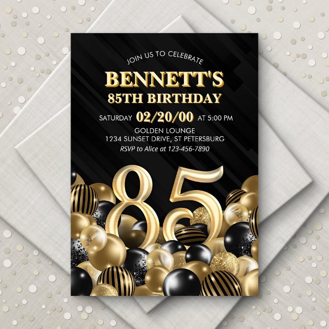 Balloons Black Gold 85th Birthday Invitation (Creator Uploaded)