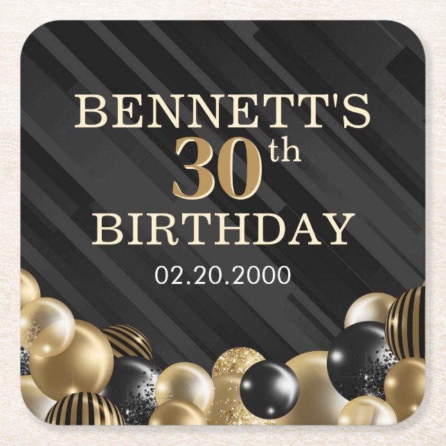 Balloons Black Gold Birthday Square Paper Coaster (Front)