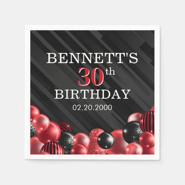 Balloons Black Red Birthday Napkin (Front)