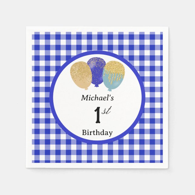 Balloons & Blue Gingham 1st Birthday Napkin (Front)