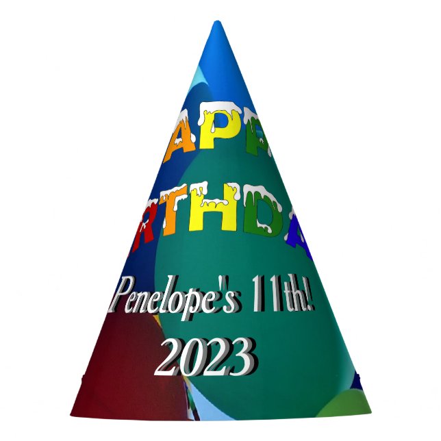 Balloons Blues and Greens Rainbow Happy Birthday Party Hat (Front)