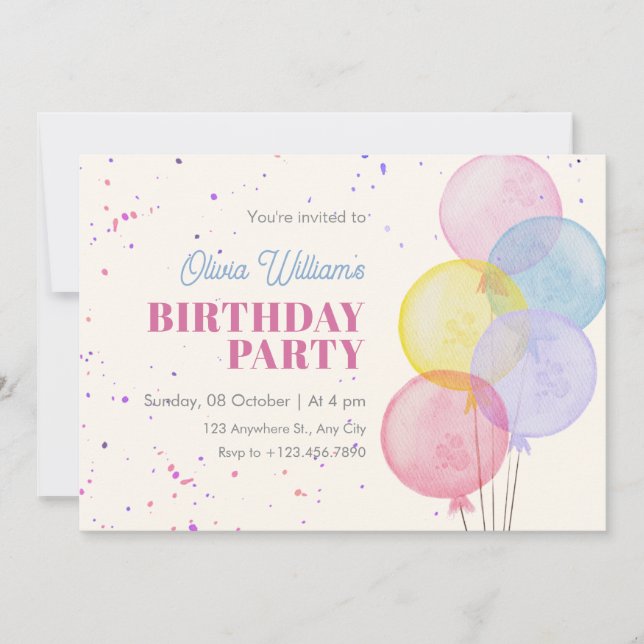 Balloons Colourful pastel watercolor birthday Invitation (Front)
