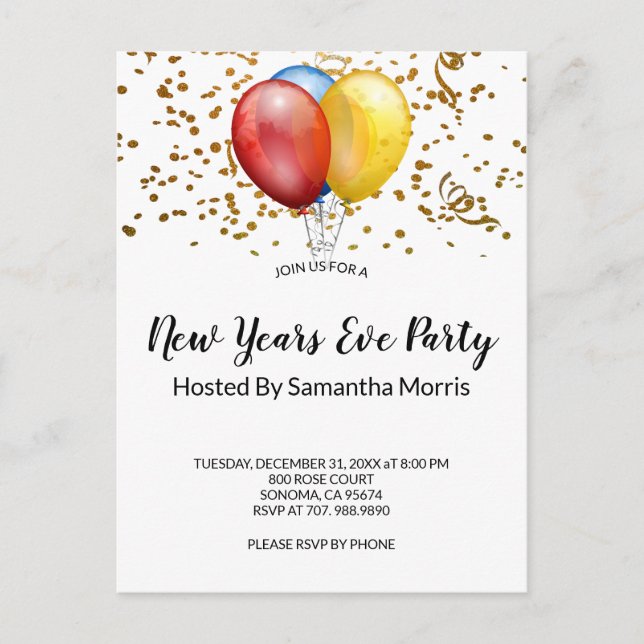 Balloons Confetti Festive New Years Eve Party Invitation Postcard (Front)