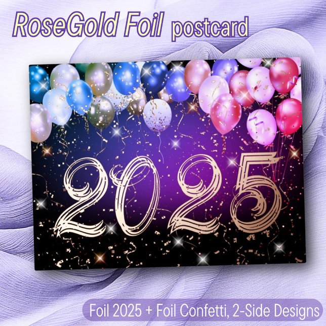 Balloons Confetti Happy New Year Elegant Rose Gold Foil Holiday Postcard (Creator Uploaded)