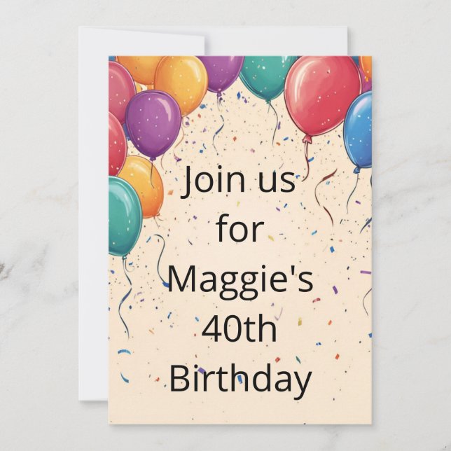 Balloons & Confetti on Cream Birthday Invitation (Front)